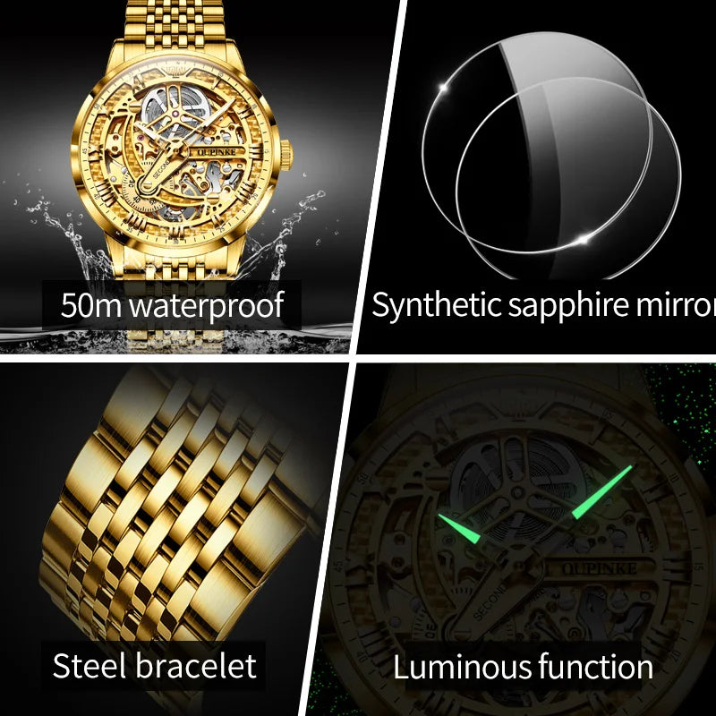 OUPINKE 3173 Luxury Gold Mechanical Watch For Men Hollow Top Brand Original Automatic Wristwatch 50M Waterproof Luminous Watches Brief Boxers