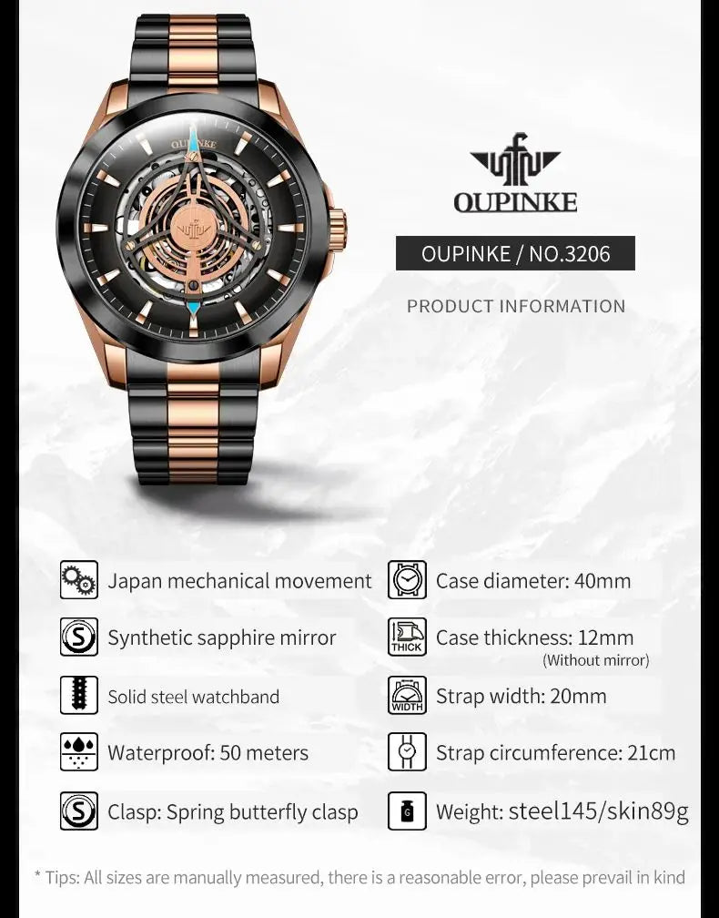 OUPINKE 3206 Top Brand Hollow Mechanical Watch For Men Synthetic Sapphire Mirror Waterproof Wristwatch Luxury Business Watches Brief Boxers