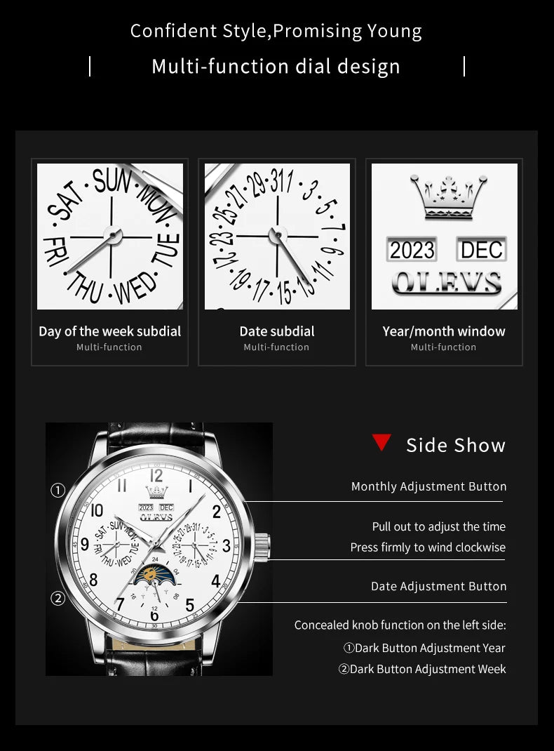 OLEVS 6698 Moonswatch Mechanical Man Wristwatch Number Scale Fashion Waterproof Watch For Men Week Date Display Automatic Watch Brief Boxers