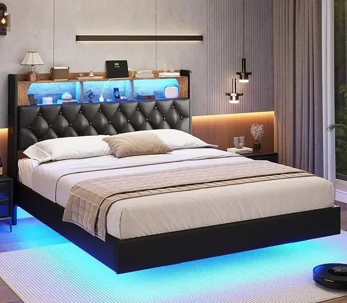 Floating Bed Frame, Floating Platform Bed with Charging Station with LED Lights & Storage Headboard, Modern LED Floating Bed