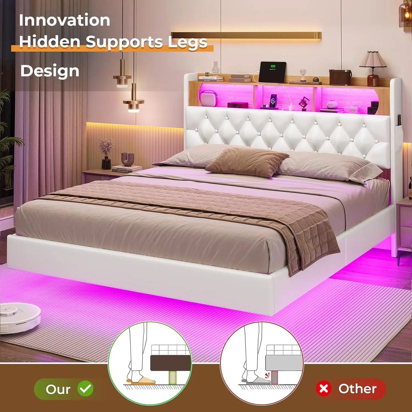 Floating Bed Frame, Floating Platform Bed with Charging Station with LED Lights & Storage Headboard, Modern LED Floating Bed