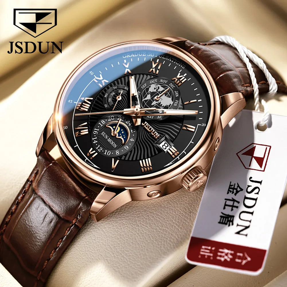 JSDUN 8909 Top Brand Mechanical Watch For Men 24 Hours Display Original Wristwatch Moon Phase Waterproof Classic Man Watches Brief Boxers