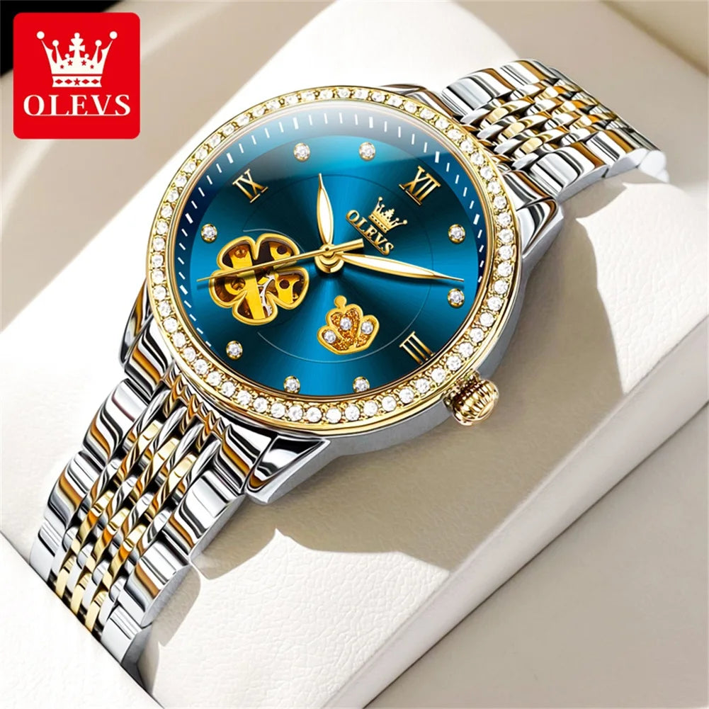 OLEVS 6706 Diamond Scale Luxury Woman Automatic Watch Hollow Mechanical Luminous Watch For Women Classic Waterproof Wristwatch Brief Boxers