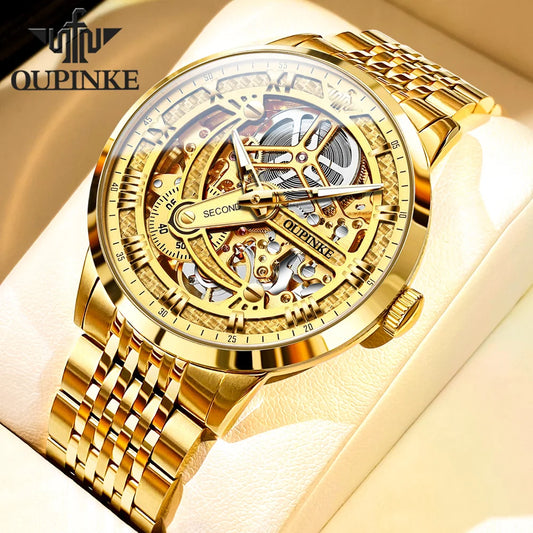 OUPINKE 3173 Luxury Gold Mechanical Watch For Men Hollow Top Brand Original Automatic Wristwatch 50M Waterproof Luminous Watches Brief Boxers