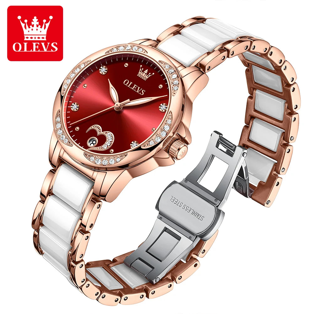 OLEVS 6631 Luxury Date Mechanical Watch For Women Original Ceramic Steel Strap Woman Wristwatch Deep Waterproof Dress Watches Brief Boxers