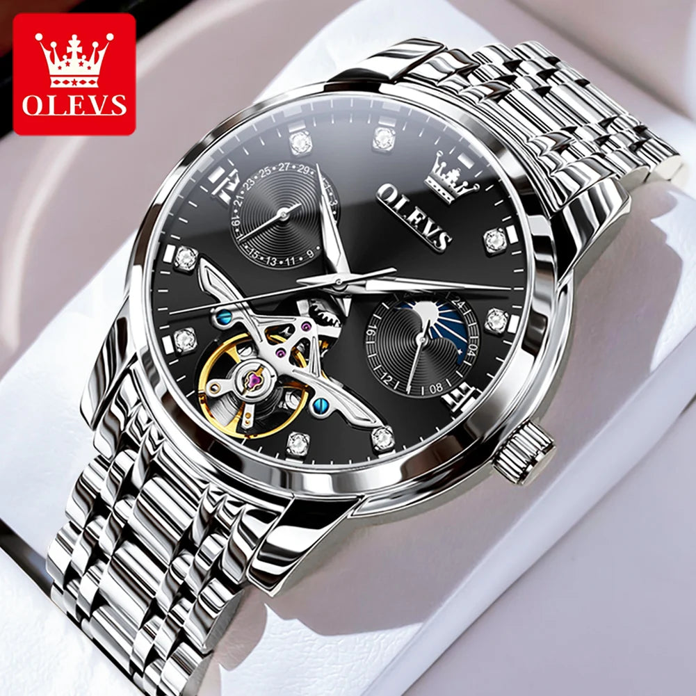 OLEVS 6703 Diamond Scale Luxury Mechanical Man Wristwatch Hollow Skeleton Luminous Waterproof Watch For Men Moon Phase Watches Brief Boxers