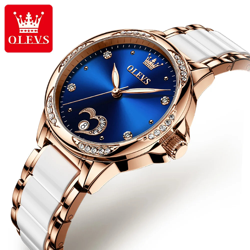 OLEVS 6631 Luxury Date Mechanical Watch For Women Original Ceramic Steel Strap Woman Wristwatch Deep Waterproof Dress Watches Brief Boxers