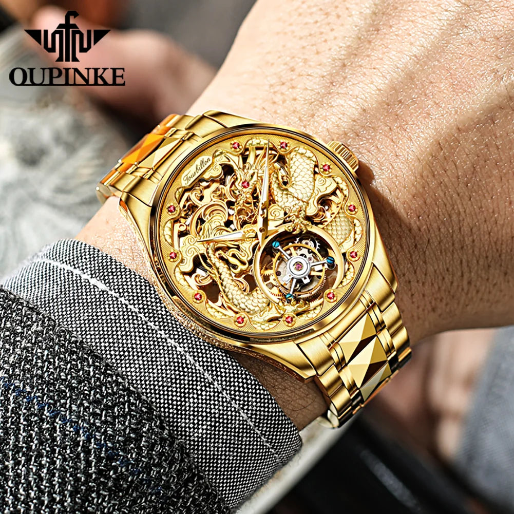 OUPINKE 3176 Top Brand Tourbillon Dragon Watch For Men Sapphire Mirror Luxury Mechanical Wristwatch Hollow Waterproof Watches Brief Boxers