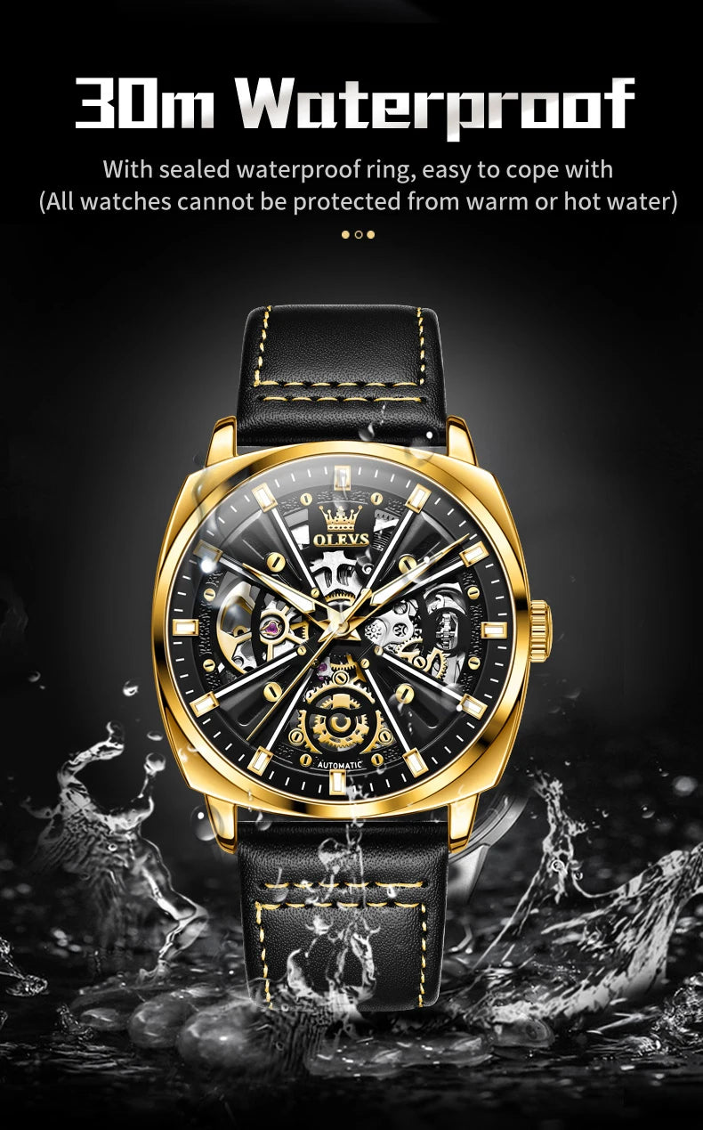 OLEVS 6685 Luxury Automatic Dress Wristwatch Hollow Skeleton Mechanical Watch For Men Waterproof Luminous Leather Man Watch 2024 Brief Boxers