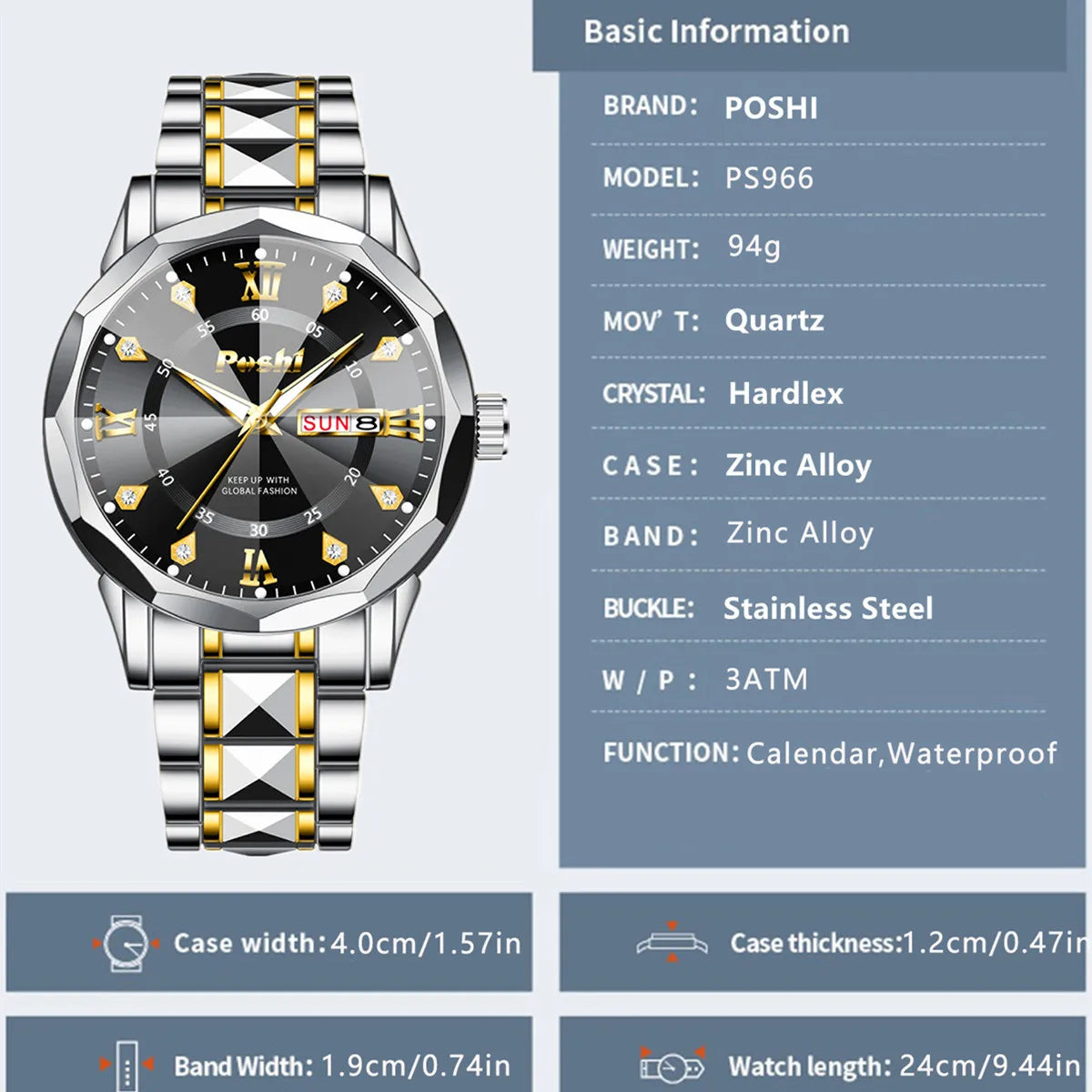 POSHI Men's Watch Date Week Fashion Watch Men Original Waterproof Non-mechanical Luminous Dual Calendar Quartz Wristwatch Brief Boxers