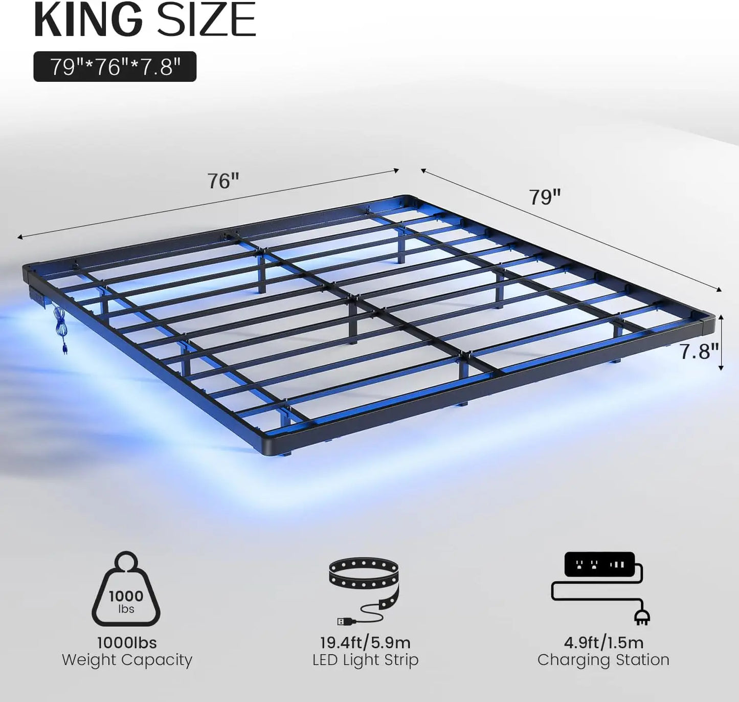 Floating Bed Frame Queen Size with Smart LED Lights and Charging Station - Modern Metal Platform Bed, Easy Assembly