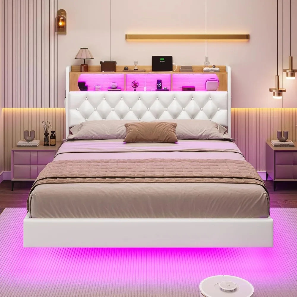 Floating Queen Bed Frame with LED Lights & Storage Headboard, Leather Upholstered Floating Platform Bed with Charging Station