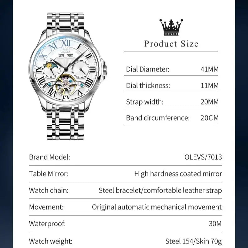 OLEVS Flywheel Skeleton Watch for Men Automatic Mechanical Wristwatch Roman Dial Moon Phase Calendar Waterproof Men's Watches Brief Boxers