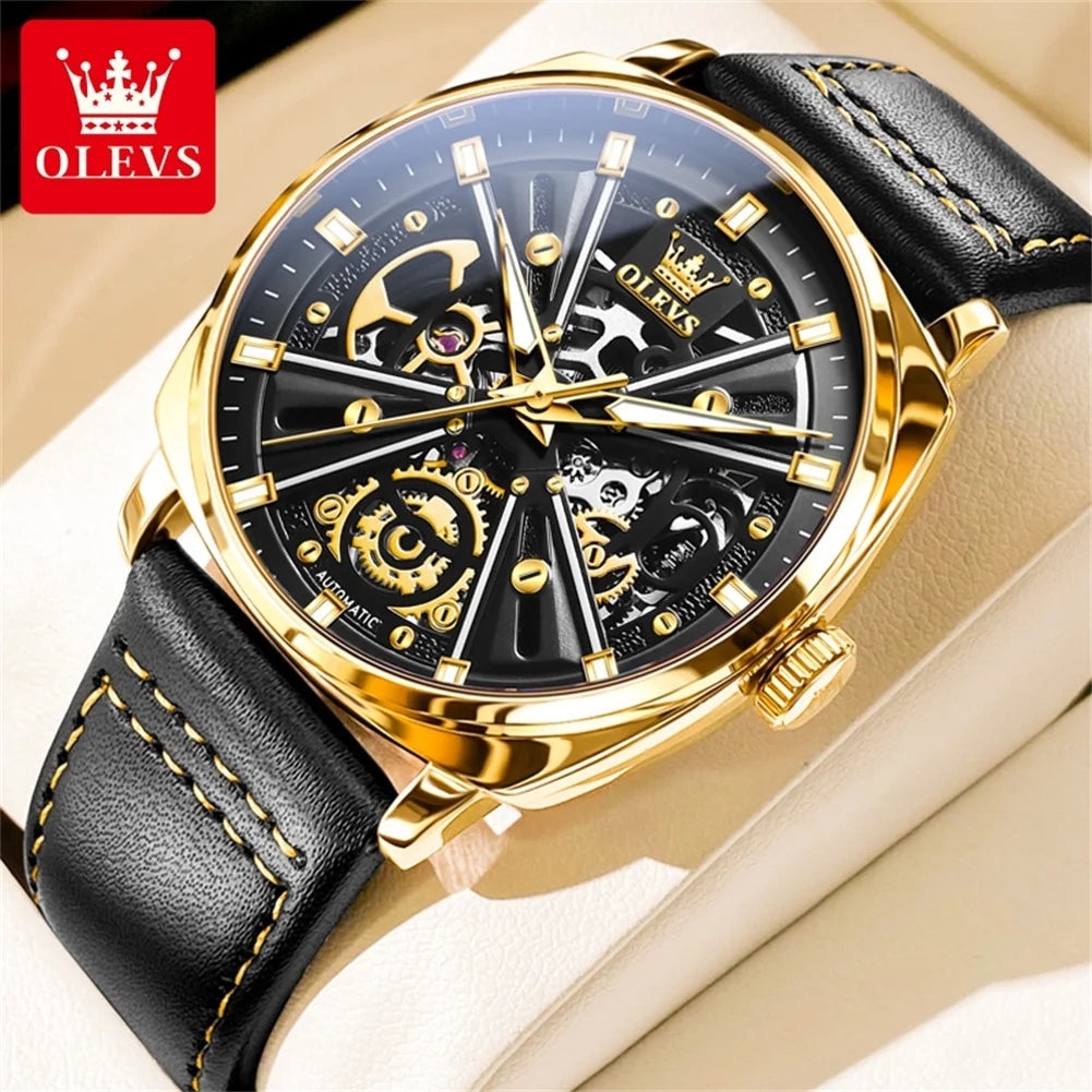 OLEVS 6685 Luxury Automatic Dress Wristwatch Hollow Skeleton Mechanical Watch For Men Waterproof Luminous Leather Man Watch 2024 Brief Boxers