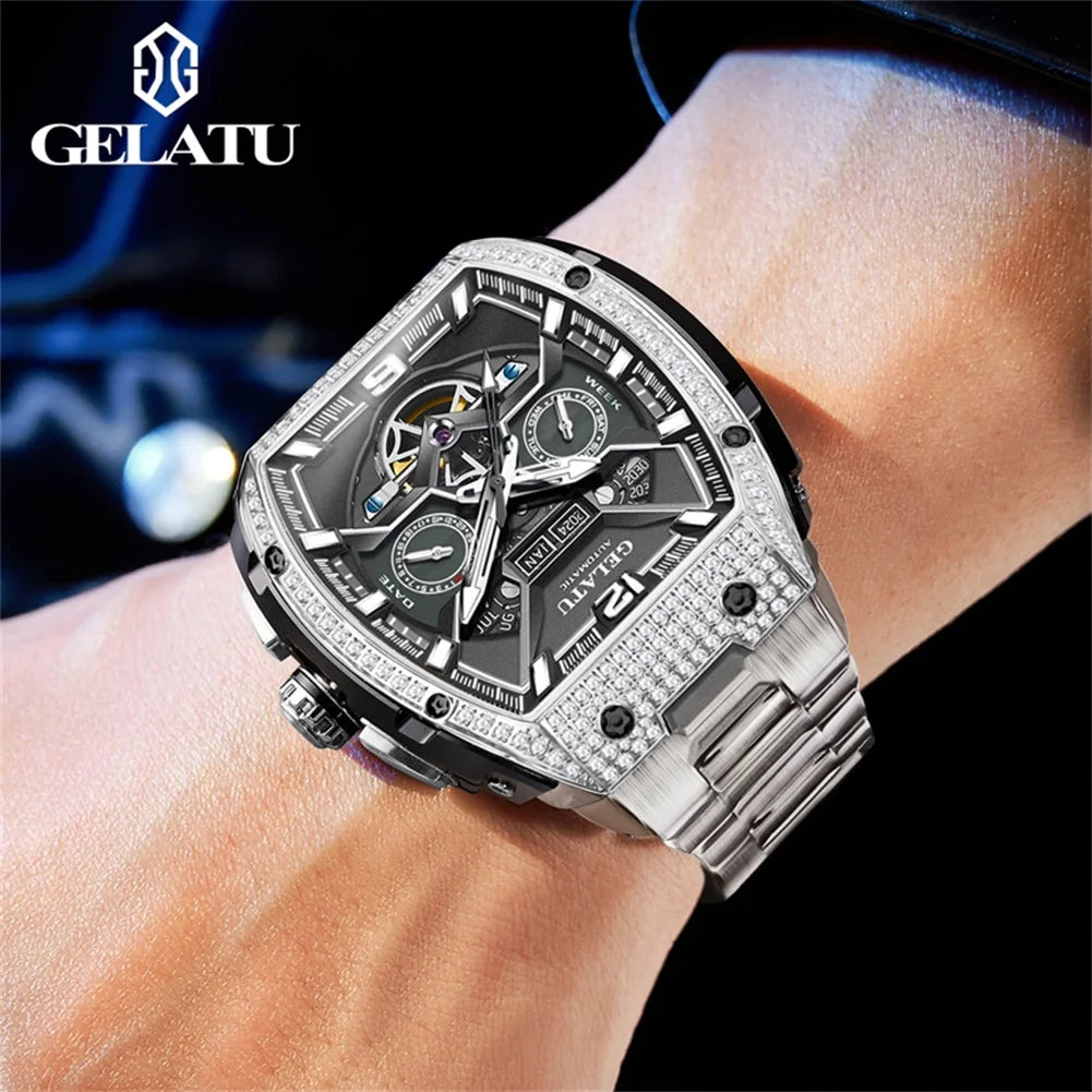 GELATU 6016 Business Mechanical Man Wristwatch Tonneau Big Dial Deep Waterproof Watch For Men Luminous Auto Date Hollow Watches Brief Boxers