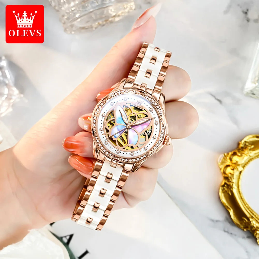 OLEVS 6615 Hollow Dress Mechanical Watch For Women Butterfly Dial Luminous Fashion Wristwatch Deep Waterproof Woman Watches Brief Boxers