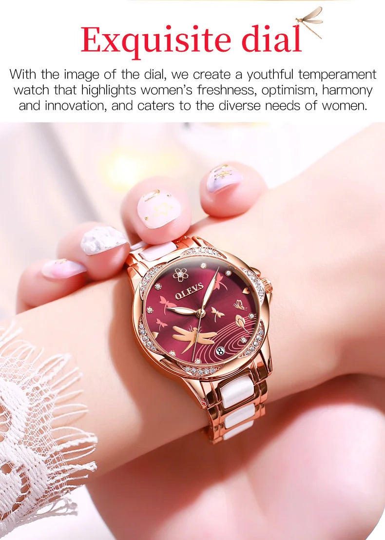 OLEVS 6610 Fashion Top Brand Mechanical Watch For Women Auto Date Ceramic Steel Strap Wristwatch Waterproof Luminous Woman Watch Brief Boxers