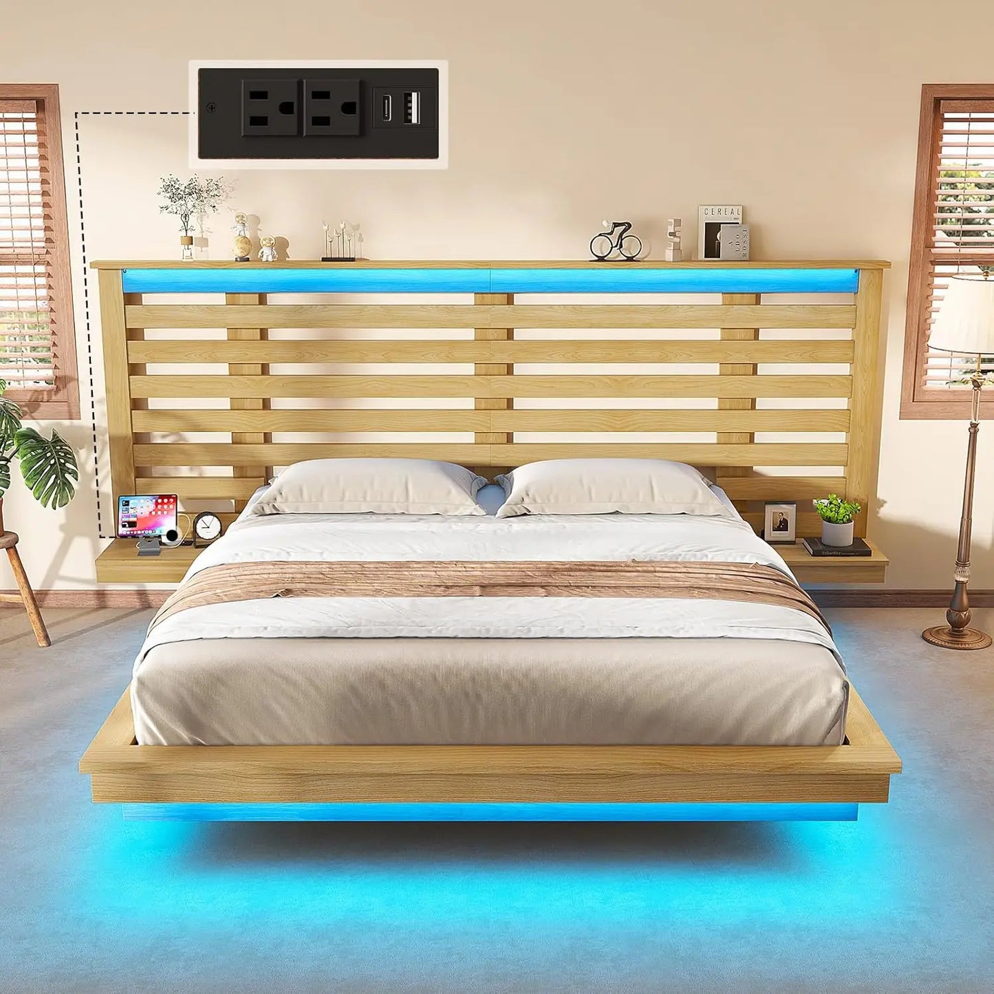 Queen Size Floating Bed Frame with LED Light & Charging Station, Wooden Platform Bed with Extended Headboard & Nightstands