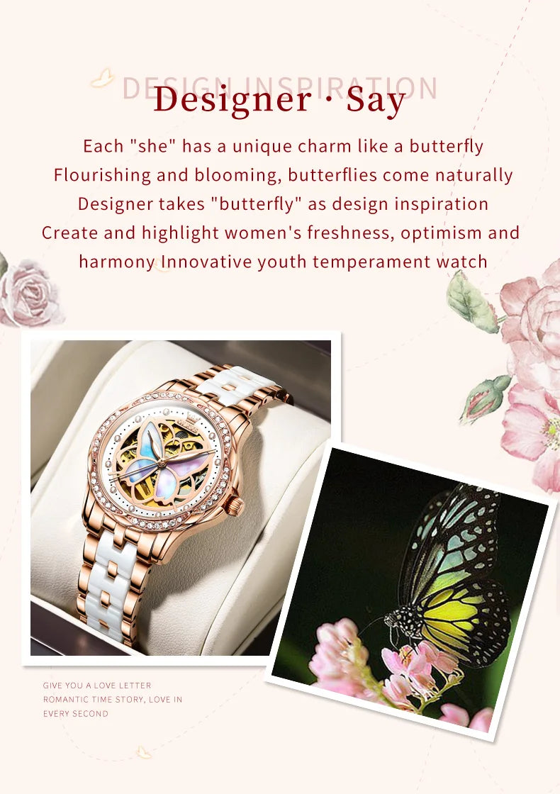 OLEVS 6615 Hollow Dress Mechanical Watch For Women Butterfly Dial Luminous Fashion Wristwatch Deep Waterproof Woman Watches Brief Boxers