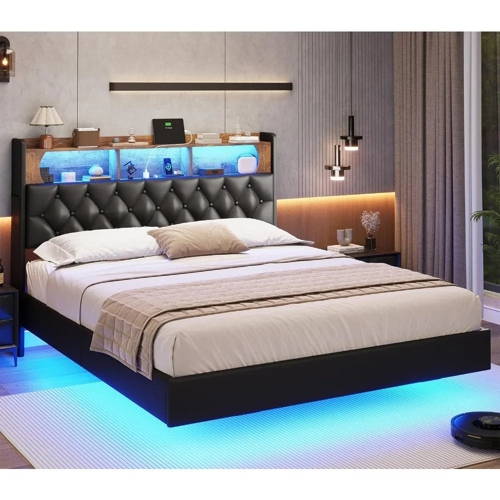 Floating Queen Bed Frame with LED Lights & Storage Headboard, Leather Upholstered Floating Platform Bed with Charging Station