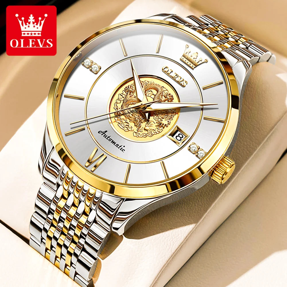 OLEVS 6693 Top Brand Dragon Mechanical Watch For Men Waterproof Automatic Dress Wrist Watches 42.5mm Big Dial Calendar Man Watch Brief Boxers