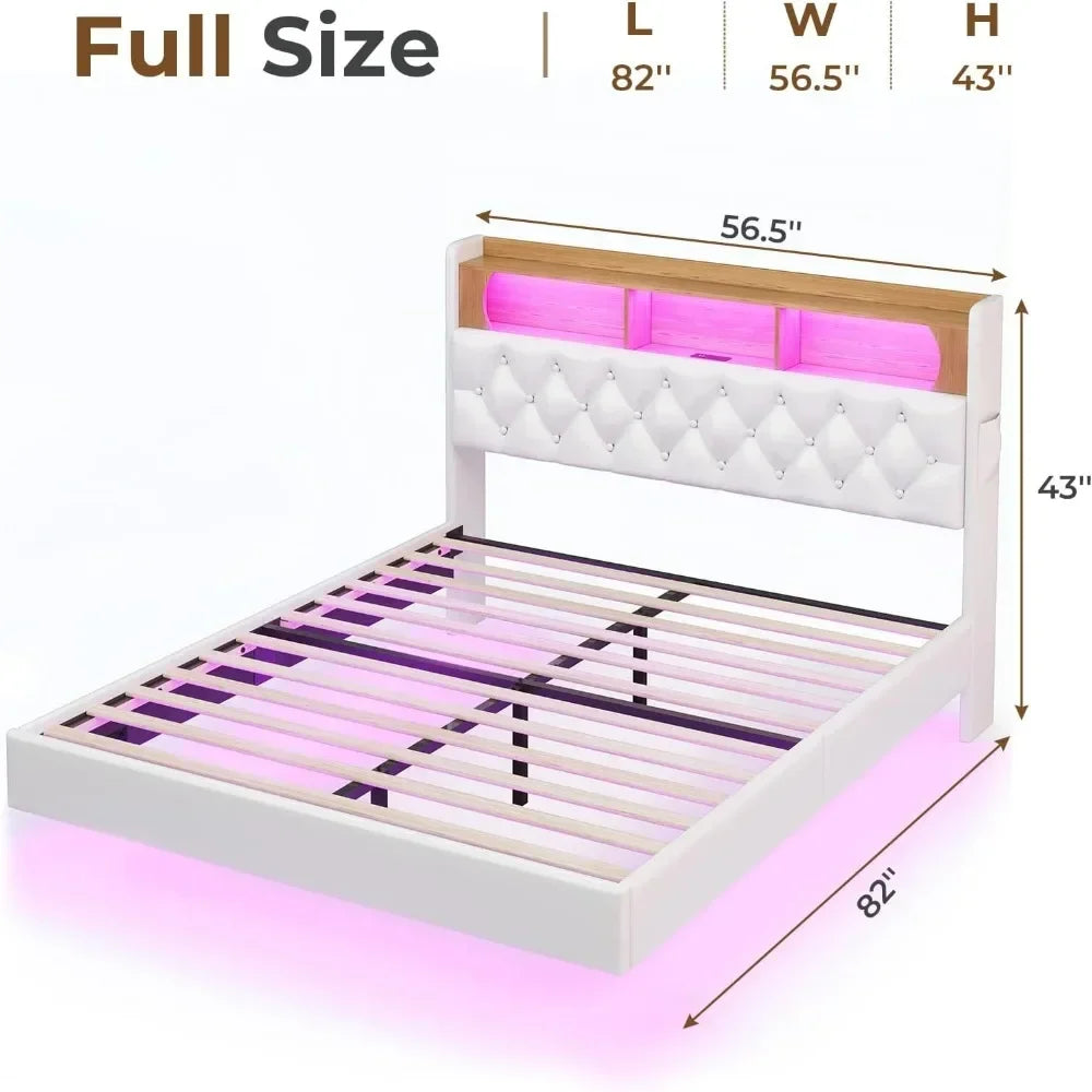 Floating Bed Frame, Floating Platform Bed with Charging Station with LED Lights & Storage Headboard, Modern LED Floating Bed