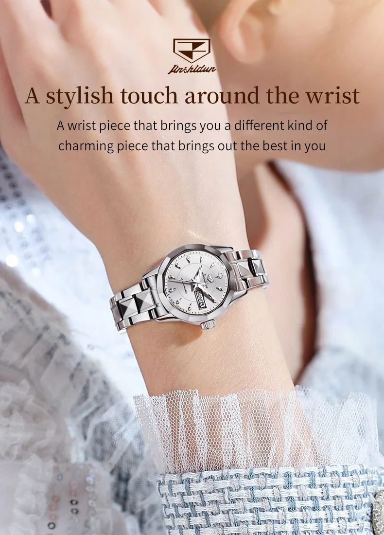 JSDUN 8936 Original Elegant Mechanical Woman Wristwatch Week Date Display Automatic Watch For Women Luxury Waterproof Watches Brief Boxers