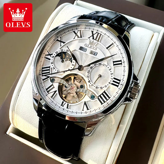 OLEVS 7013 Roman Scale Business Mechanical Watch For Men Hollow Skeleton Waterproof Man Watches Moon Phase Automatic Wristwatch Brief Boxers