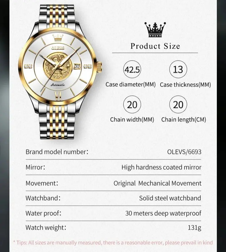 OLEVS 6693 Top Brand Dragon Mechanical Watch For Men Waterproof Automatic Dress Wrist Watches 42.5mm Big Dial Calendar Man Watch Brief Boxers