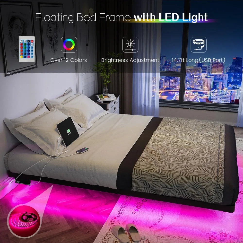 Floating Bed Frame Queen Size with Smart LED Lights and Charging Station - Modern Metal Platform Bed, Easy Assembly