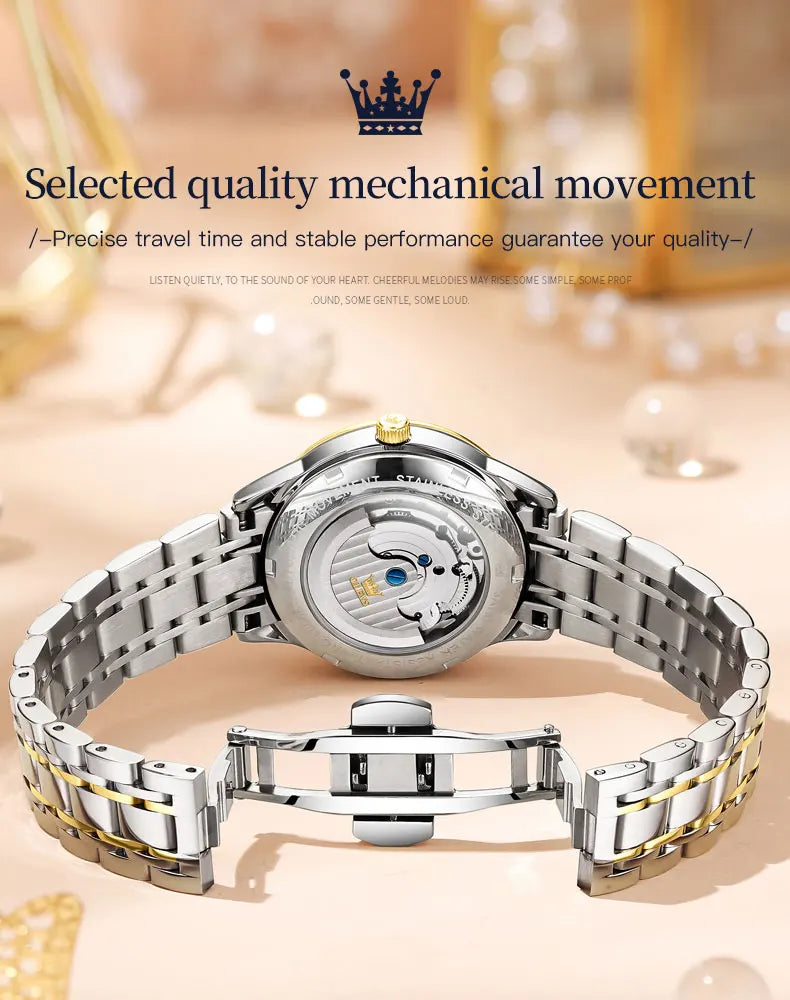 OLEVS 6608 Moonswatch Mechanical Watch For Women Hollow Original Diamond Luxury Wristwatch Waterproof Top Brand Woman Watches Brief Boxers