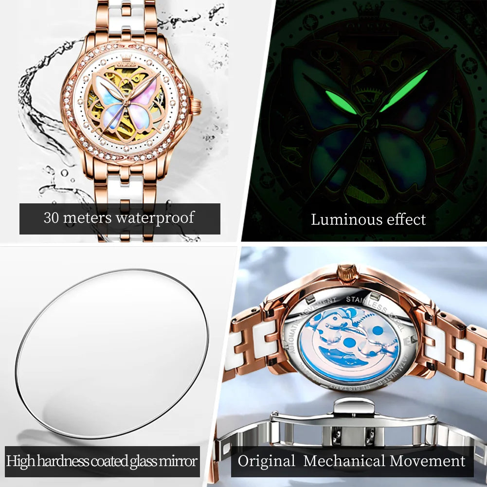 OLEVS 6615 Hollow Dress Mechanical Watch For Women Butterfly Dial Luminous Fashion Wristwatch Deep Waterproof Woman Watches Brief Boxers