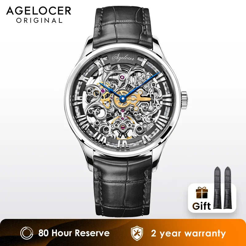 AGELOCER Original Baroque Art Carved Watch Men Luxury Business Formal Skeleton Automatic Mechanical Watch Birthday Gift for Men Brief Boxers