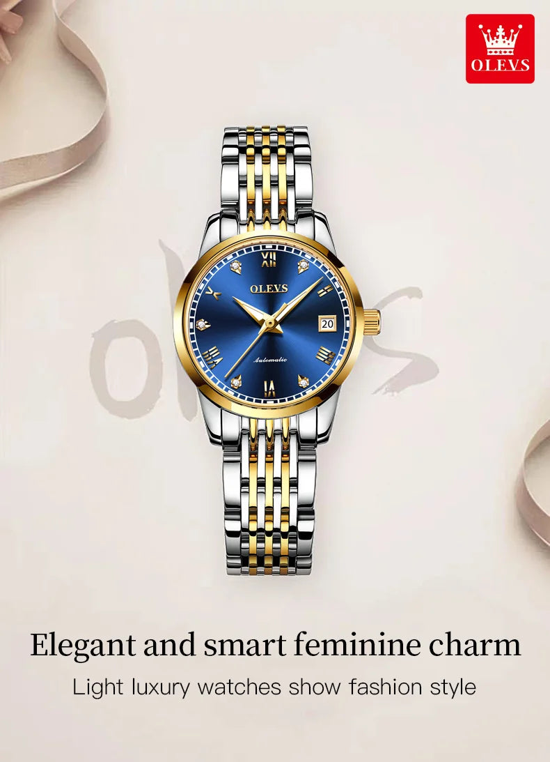 OLEVS 6602 Roman Scale Original Mechanical Watch For Women Auto Date Stainless Steel Wristwatch Luxury Waterproof Diamond Watch Brief Boxers