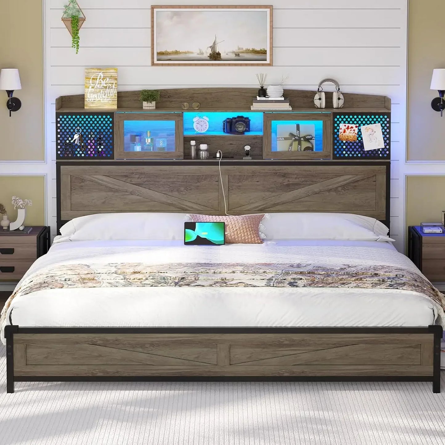 Bed Frame with Headboard Storage & Charging Station, LED Bed Frame Full/Queen/King Size with Shelves & Sliding Doors