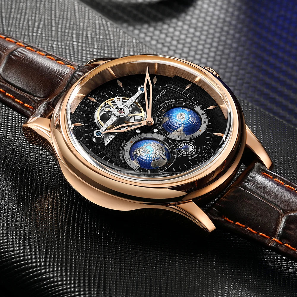 SEAKOSS 3D Luxury Double Earth Rotating Men's Mechanical Watch Automatic Movement Waterproof Clock Pilots Men 1963 Watches