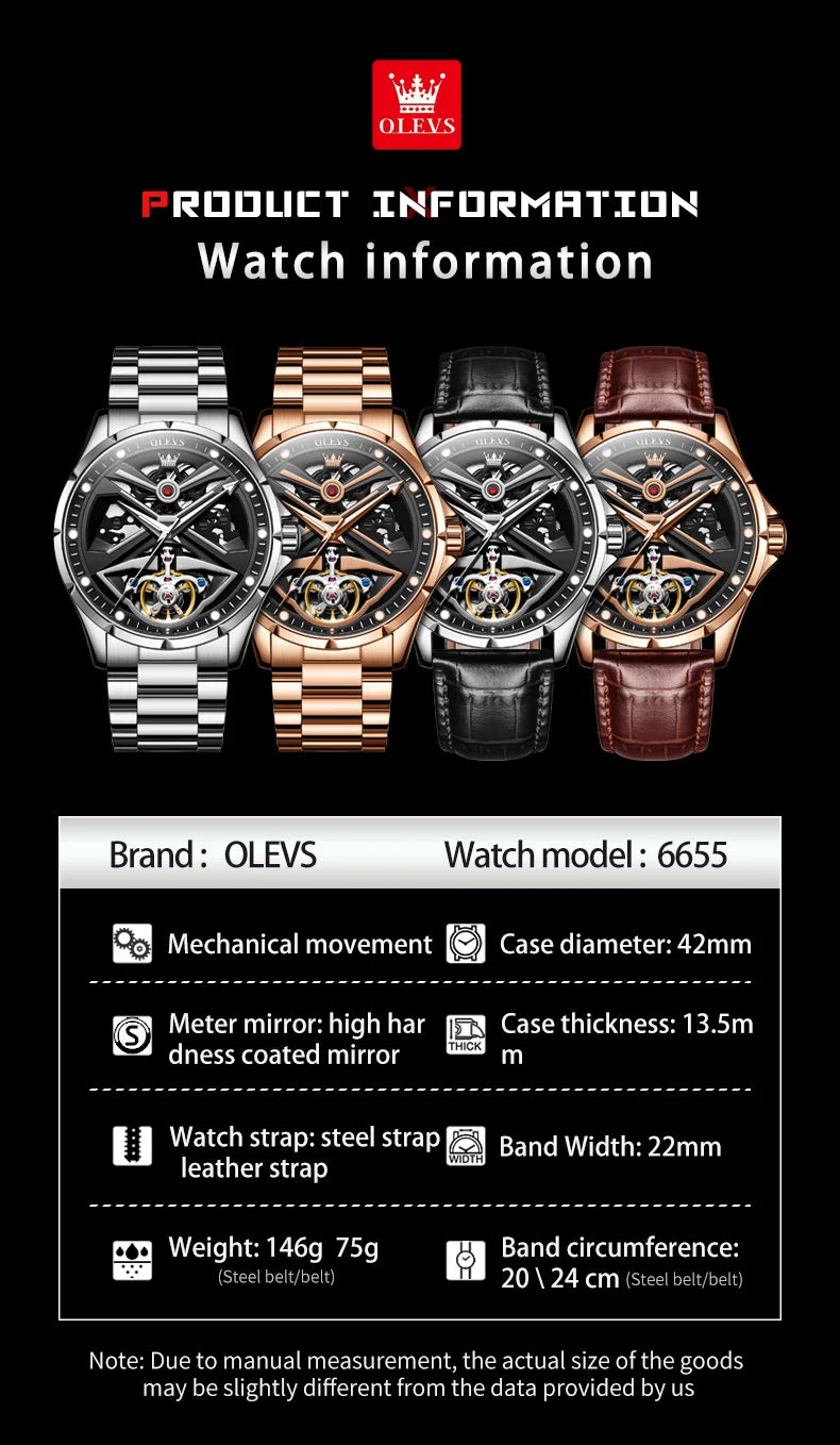 OLEVS 6655 Original Hollow Fashion Mechanical Watch For Men 42mm Big Dial Automatic Wristwatch Waterproof Luminous Dress Watches Brief Boxers