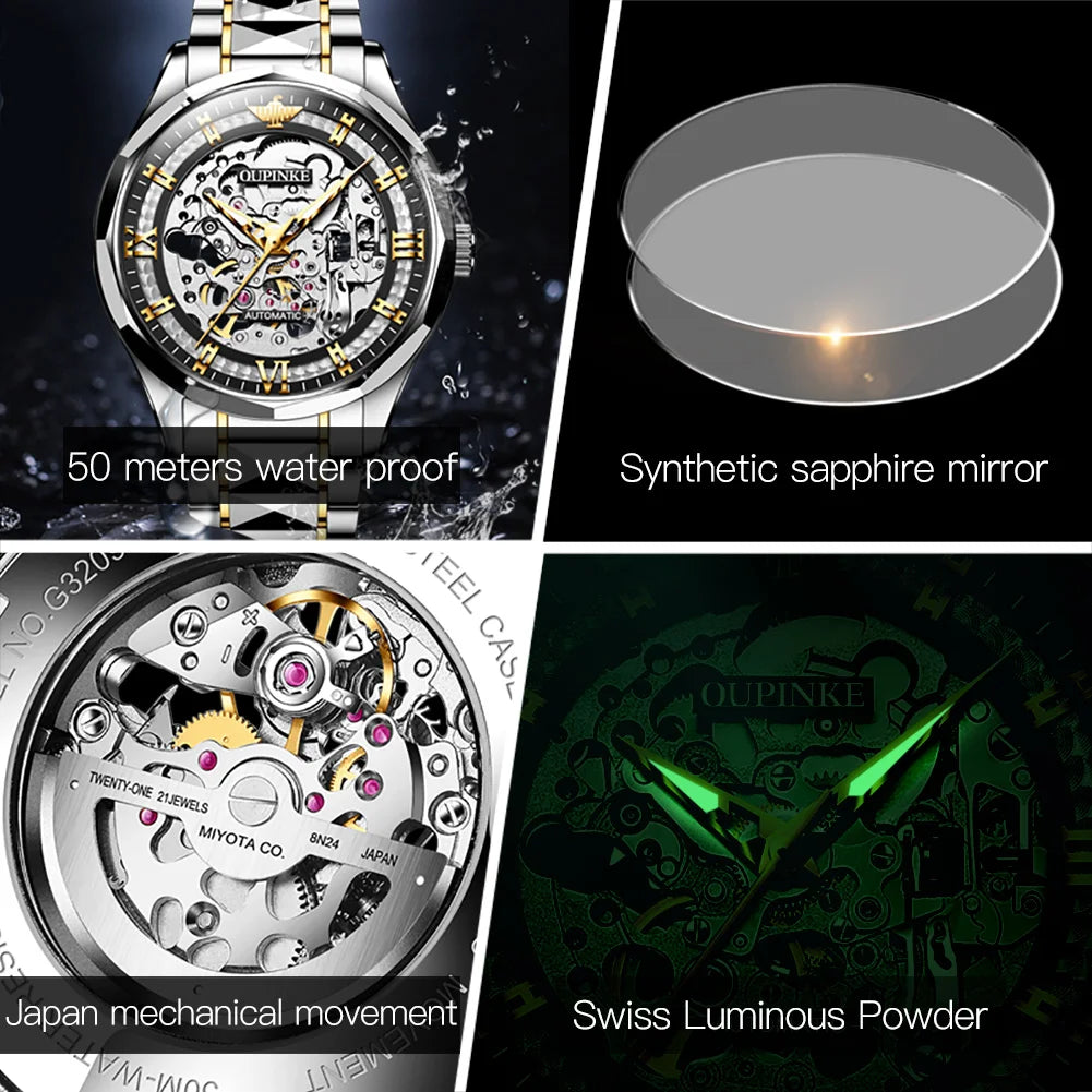 OUPINKE 3209 Deep Waterproof Mechanical Watch For Men Hollow Skeleton Luminous Fashion Wristwatch Roman Scale Business Man Watch Brief Boxers