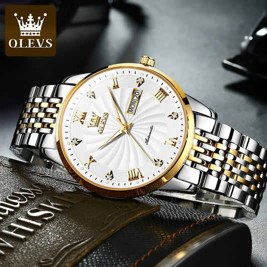 OLEVS 6630 Fashion Business Mechanical Watch For Men Dual Calendar Luminous Wristwatch Roman Scale Deep Waterproof Man Watches Brief Boxers