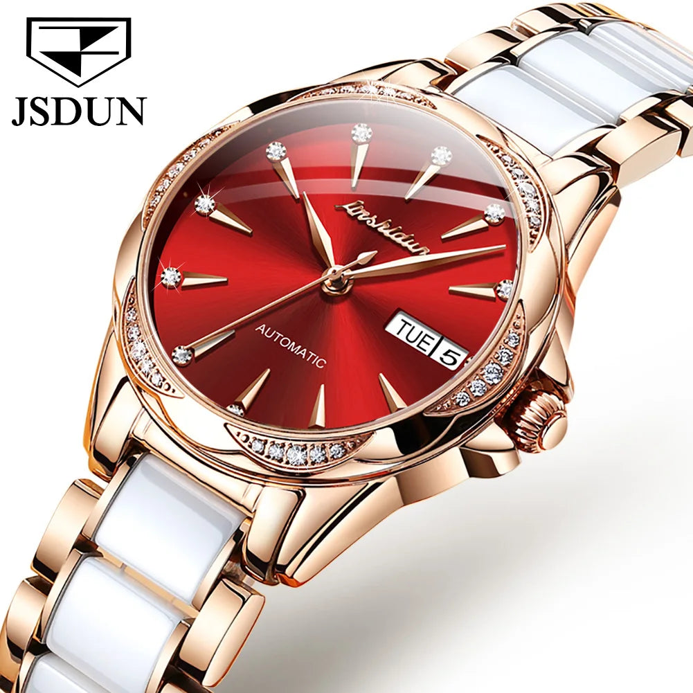 JSDUN 8821 Dual Calendar Mechanical Watch For Women Ceramic Steel Strap Luxury Wristwatch Sapphire Mirror Waterproof Woman Watch Brief Boxers