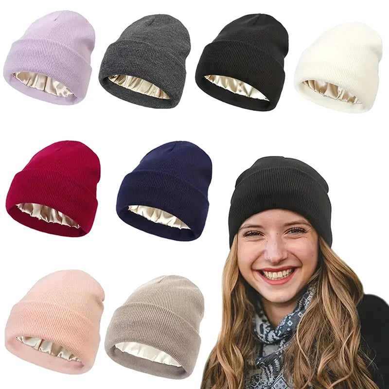 Unisex Satin Lined Anti Static Beanie Hat For Women Winter Silk Lining Slouchy Warm Cuffed 2Layer Hair Cover Sleep Cap Brief Boxers