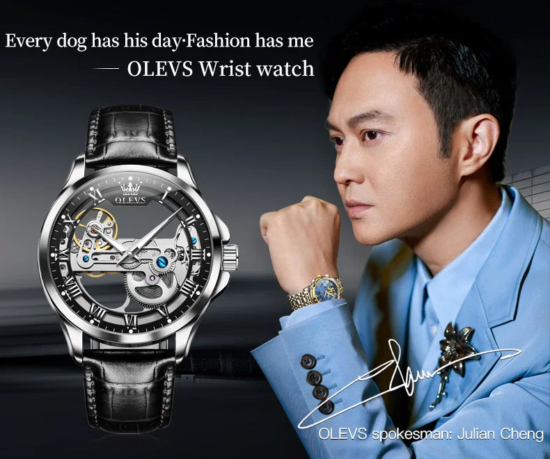 OLEVS 6661 Top Brand Automatic Mechanical Watch For Men Hollow Skeleton Roman Scale Man Watches Waterproof Business Wrist Watch Brief Boxers