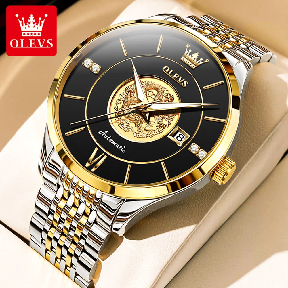 OLEVS 6693 Top Brand Dragon Mechanical Watch For Men Waterproof Automatic Dress Wrist Watches 42.5mm Big Dial Calendar Man Watch Brief Boxers