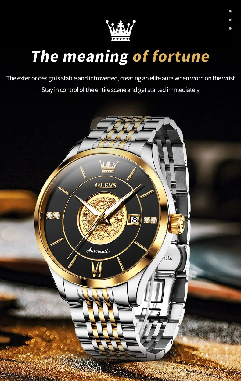 OLEVS 6693 Top Brand Dragon Mechanical Watch For Men Waterproof Automatic Dress Wrist Watches 42.5mm Big Dial Calendar Man Watch Brief Boxers