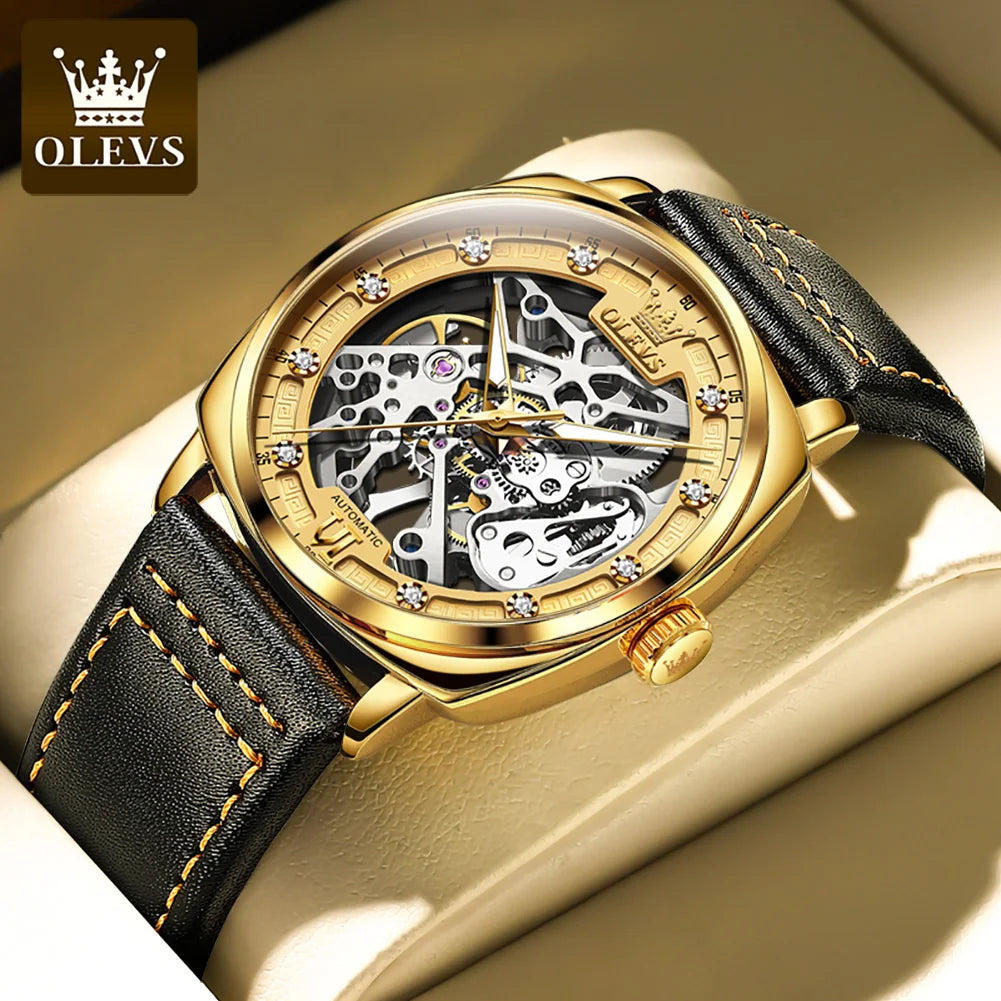 OLEVS 6651 Classic Automatic Mechanical Watch For Men Hollow Skeleton Luxury Leather Wrist Watches Waterproof Luminous Man Watch Brief Boxers