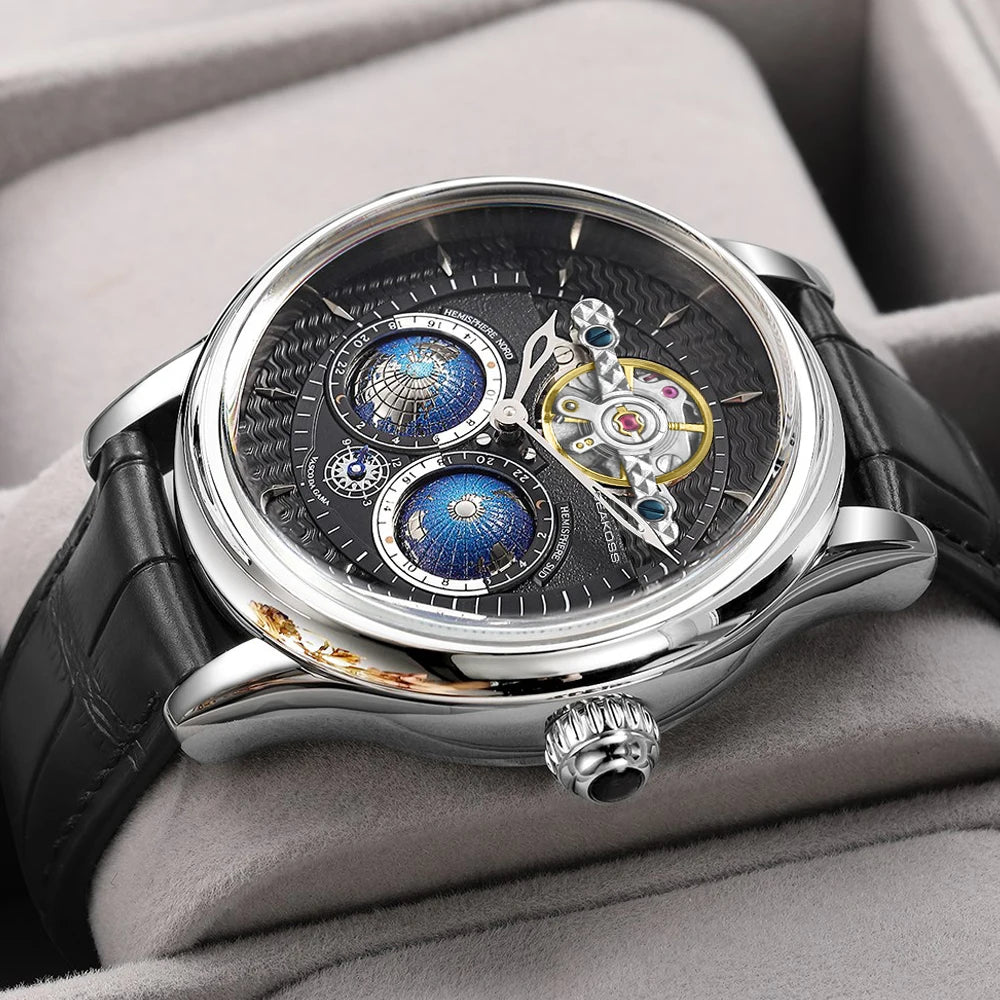 SEAKOSS 3D Luxury Double Earth Rotating Men's Mechanical Watch Automatic Movement Waterproof Clock Pilots Men 1963 Watches