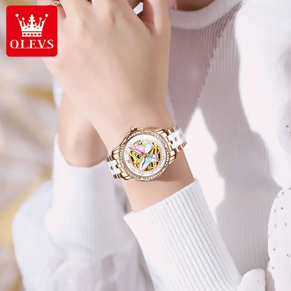 OLEVS 6615 Hollow Dress Mechanical Watch For Women Butterfly Dial Luminous Fashion Wristwatch Deep Waterproof Woman Watches Brief Boxers