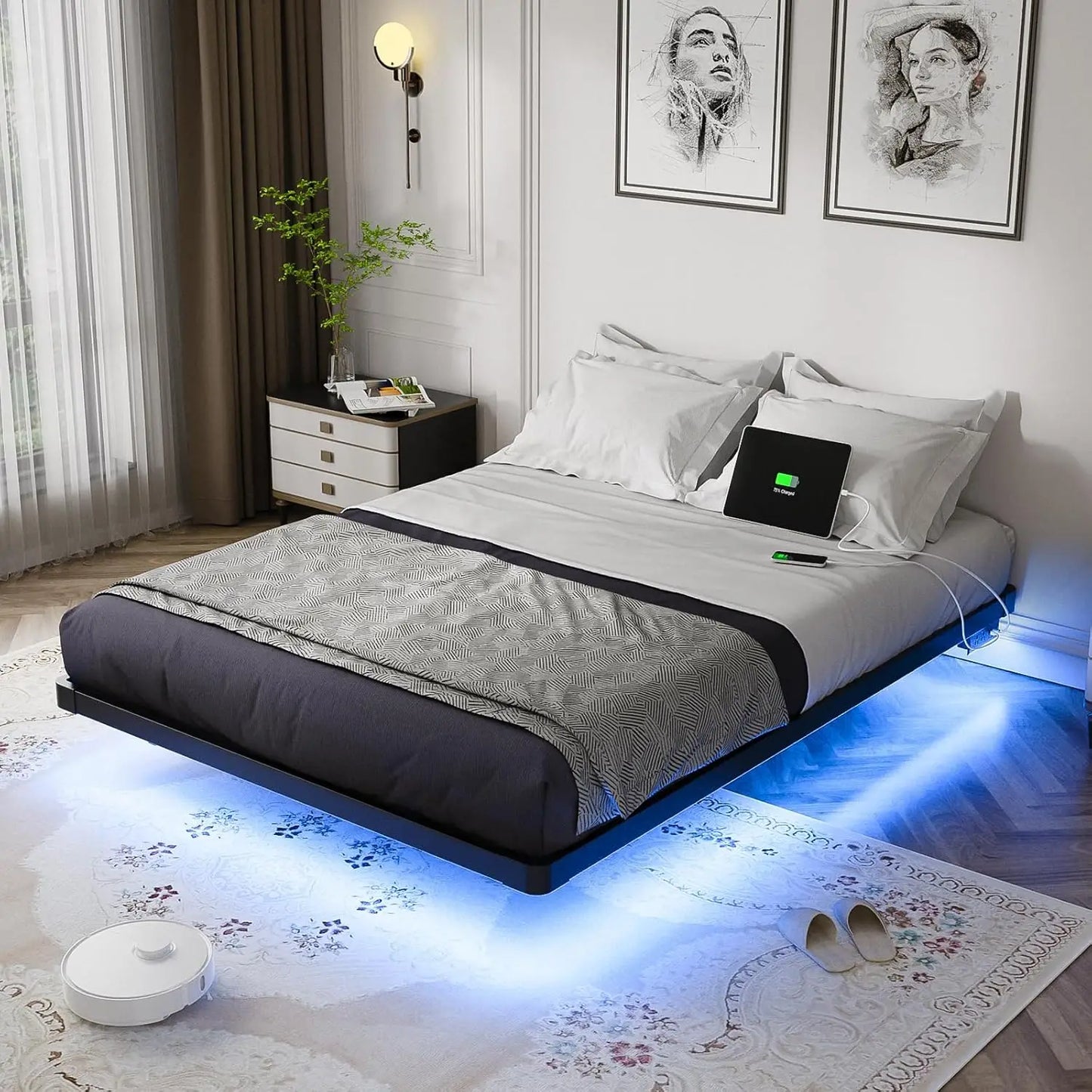 Floating Bed Frame Queen Size with Smart LED Lights and Charging Station - Modern Metal Platform Bed, Easy Assembly