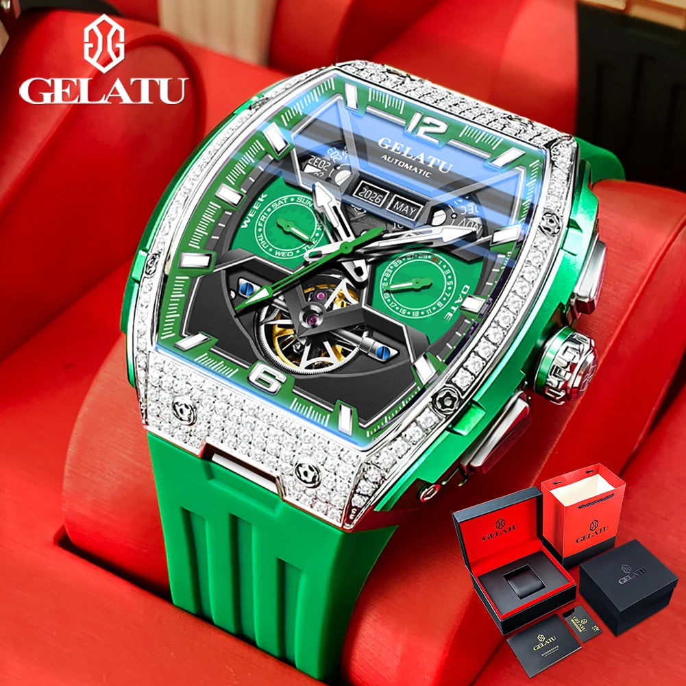 GELATU 6016 Diamond Hollow Man Mechanical Wristwatch Auto Date Deep Waterproof Watch For Men Luxury Silicone Strap Dress Watches Brief Boxers