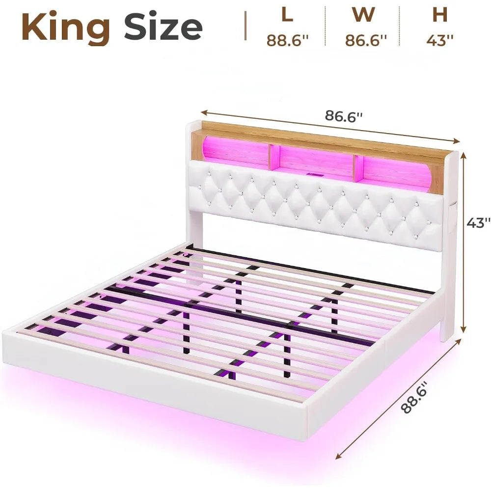 Floating Queen Bed Frame with LED Lights & Storage Headboard, Leather Upholstered Floating Platform Bed with Charging Station